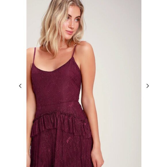 Lulu's Wonderfully Whimsical Burgundy Lace Ruffled Midi Dress - Picture 4 of 13